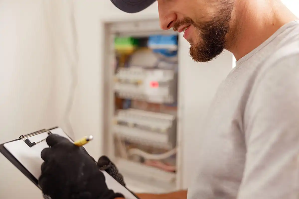 electrician with checklist near breaker box