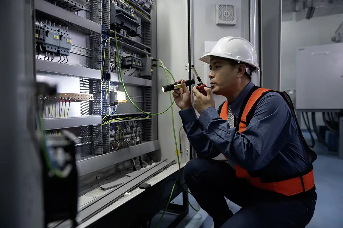 industrial electrician looking at equipment